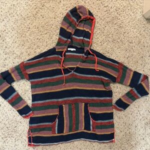 American Eagle Outfitters Colorful Striped V-Neck Baja Hooded Pullover Sweater